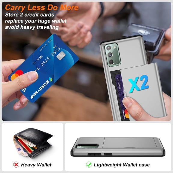 JUJHGRF-for Samsung Galaxy Note 20 Case with Card Holder and (2 Pcs) HD Screen Protector, Slim Heavy Duty Dual Layer Shockproof Design & Hidden Card Slot Wallet Case for Galaxy Note 20 Case-Grey