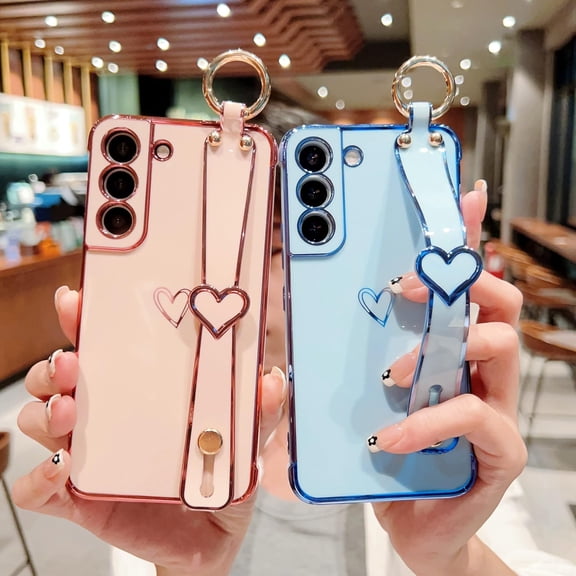 JUJHGRF-for Samsung Galaxy S22 5G Case 6.1" with Wrist Strap,Luxury Cute Plating Edge Love Hearts Pattern for Girls Women, Finger Holder Kickstand Soft Shockproof Phone Case,Dark Violet