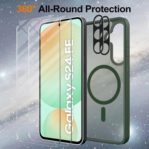 JUJHGRF-for Samsung Galaxy S24 FE Case Magnetic Shockproof, [Fit for MagSafe] [Glass Screen Protector + Camera Lens Protector] Translucent Anti-Fingerprint Case for Samsung Galaxy S24 FE (Green)