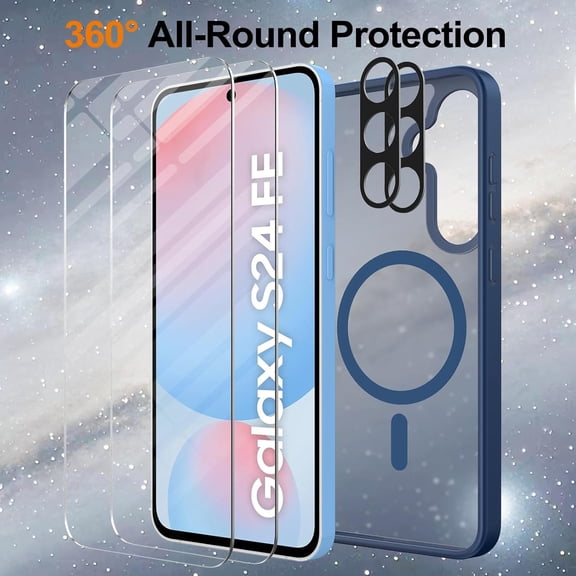 JUJHGRF-for Samsung Galaxy S24 FE Case Magnetic Shockproof, [Fit for MagSafe] [Glass Screen Protector + Camera Lens Protector] Translucent Anti-Fingerprint Case for Samsung Galaxy S24 FE (Blue)