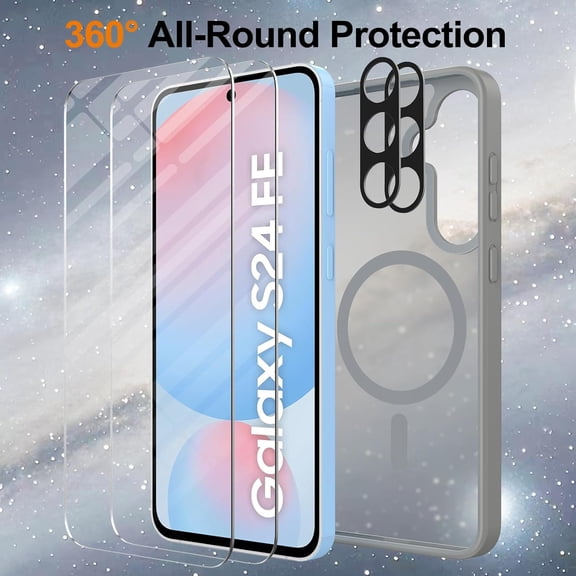 JUJHGRF-for Samsung Galaxy S24 FE Case Magnetic Shockproof, [Fit for MagSafe] [Glass Screen Protector + Camera Lens Protector] Translucent Anti-Fingerprint Case for Samsung Galaxy S24 FE (Gray)
