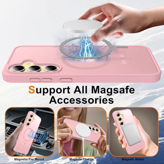 JUJHGRF-for Samsung Galaxy S24 FE Case Magnetic Shockproof, [Fit for MagSafe] [Glass Screen Protector + Camera Lens Protector] Translucent Anti-Fingerprint Case for Samsung Galaxy S24 FE (Pink)