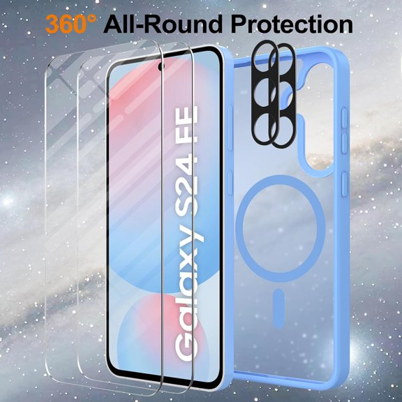 JUJHGRF-for Samsung Galaxy S24 FE Case Magnetic Shockproof, [Fit for MagSafe] [Glass Screen Protector + Camera Lens Protector] Translucent Anti-Fingerprint Case for Samsung Galaxy S24 FE (Light Blue)
