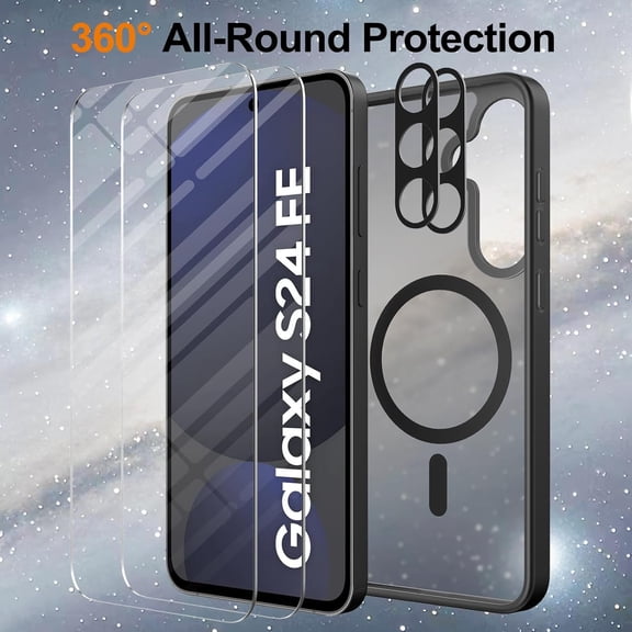 JUJHGRF-for Samsung Galaxy S24 FE Case Magnetic Shockproof, [Fit for MagSafe] [Glass Screen Protector + Camera Lens Protector] Translucent Anti-Fingerprint Case for Samsung Galaxy S24 FE (Black)