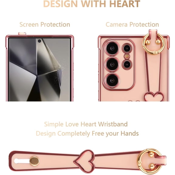 JUJHGRF-for Samsung Galaxy S24 Ultra 5G Case with Wrist Strap,Luxury Cute Plating Edge Love Hearts Pattern for Girls Women, Finger Holder Kickstand Soft Shockproof Phone Case for S24 Ultra 6.8",Pink