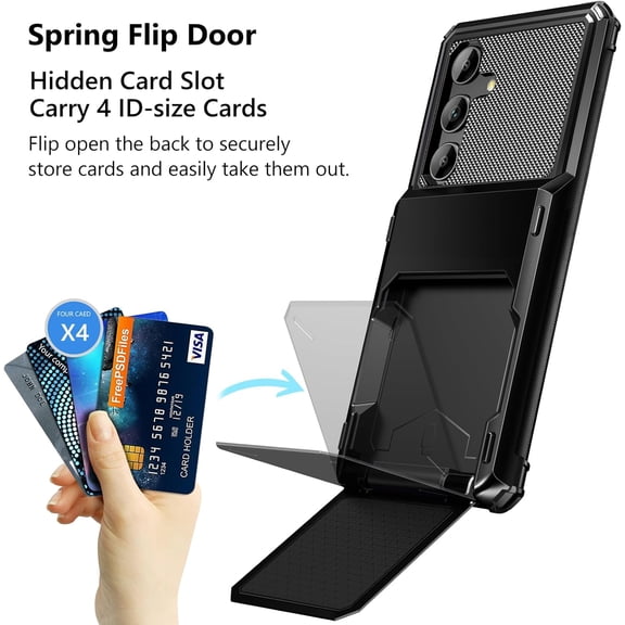 JUJHGRF-for Samsung Galaxy S24 Wallet Case with Card Holder, 4-Card Dual Layer Heavy Duty Shockproof Wallet Case, Hidden Flip Card Slot Large Storage Protective Case for Galaxy S24, 6.2'' Black