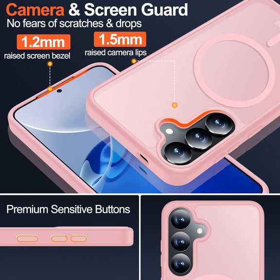 JUJHGRF-for Samsung Galaxy S25 Plus Case with Magnetic,[Compatible with MagSafe][12Ft Military Dropproof][2*Screen Protector] Translucent Anti-Slip Back Slim Shockproof Case for S25 Plus,6.7"-Pink