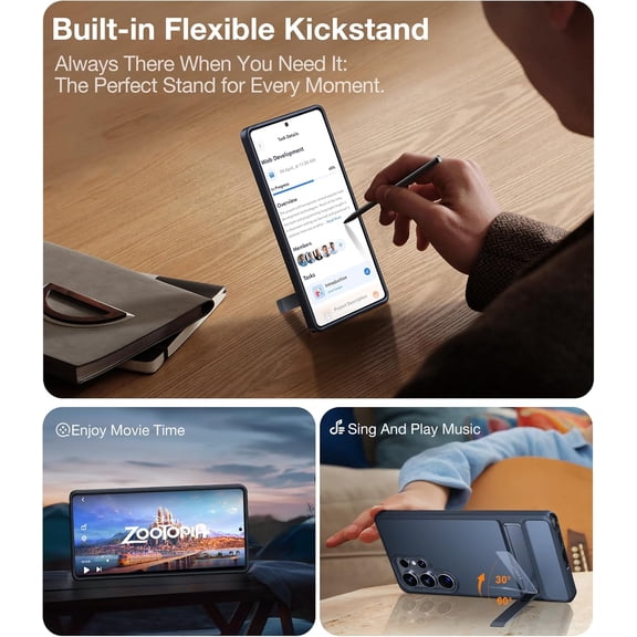 JUJHGRF-for Samsung Galaxy S25 Ultra Case, [12FT Military-Grade Drop Protection] [Built-in Slim Kickstand] Matte Shockproof Cover for S25 Ultra Case, Sleek Grip Finish, Frosted Black