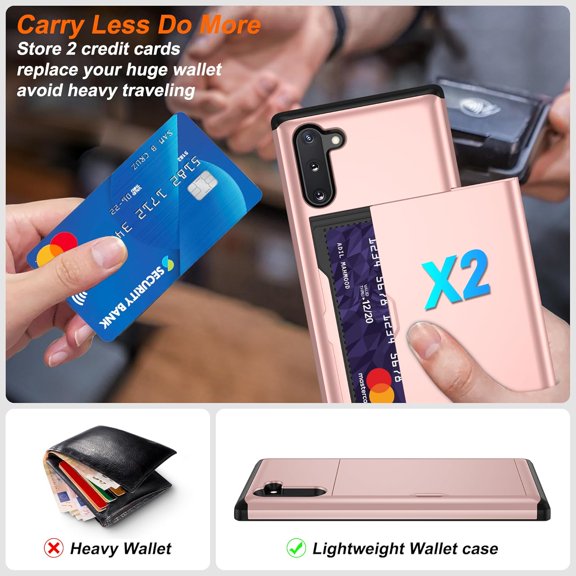 JUJHGRF-for Samsung Note 10 Case with Card Holder and (2 Pcs) HD Screen Protector, Slim Heavy Duty Dual Layer Shockproof Design & Hidden Card Slot Wallet Case for Samsung Note 10-Rose Gold