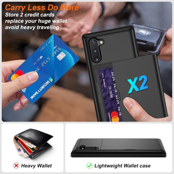 JUJHGRF-for Samsung Note 10 Case with Card Holder and (2 Pcs) HD Screen Protector, Slim Heavy Duty Dual Layer Shockproof Design & Hidden Card Slot Wallet Case for Samsung Note 10-Black