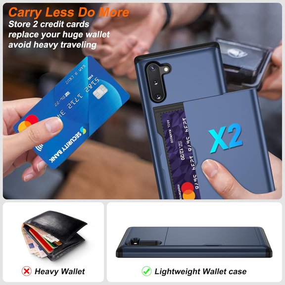 JUJHGRF-for Samsung Note 10 Case with Card Holder and (2 Pcs) HD Screen Protector, Slim Heavy Duty Dual Layer Shockproof Design & Hidden Card Slot Wallet Case for Samsung Note 10-Blue