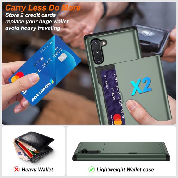 JUJHGRF-for Samsung Note 10 Case with Card Holder and (2 Pcs) HD Screen Protector, Slim Heavy Duty Dual Layer Shockproof Design & Hidden Card Slot Wallet Case for Samsung Note 10-Green