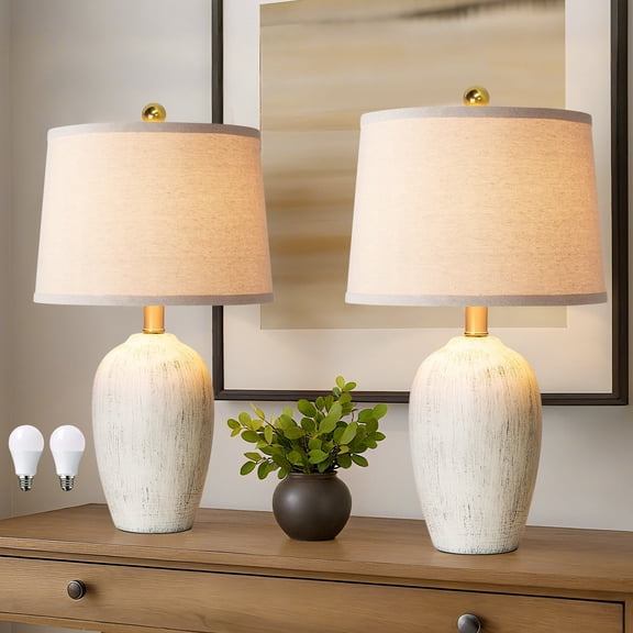 JUJUYUYOP 21" Linen Lampshade Off-White Ceramic Table Lamp Set of Two Ideal for Bedside Tables in Bedrooms or Living Rooms (Bulb Included)