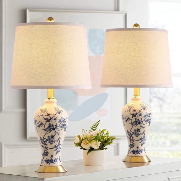 JUJUYUYOP 24"Traditional Chinese Blue-and-White Porcelain Table Lamps Set of 2, Suitable for Bedside Tables, Living Rooms, and Entryways (Bulb Included)