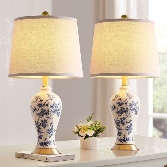 JUJUYUYOP 24" Traditional Chinese Blue-and-White Porcelain Table Lamp Set of Two, Suitable for Bedside Tables, Living Rooms, and Entryways (Bulb Included)