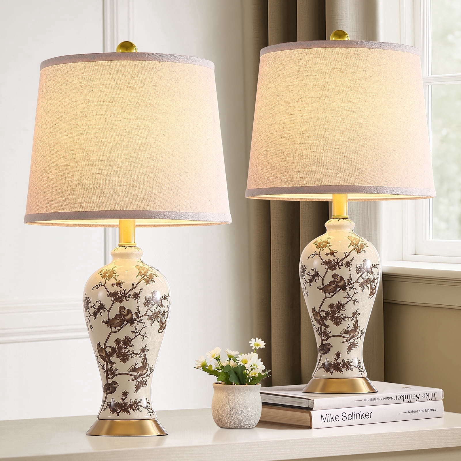 JUJUYUYOP  24"Classic Chinese-Style Ceramic Table Lamps Set of 2, Suitable for Bedside Tables, Living Rooms, and Entryways (Bulb Included)