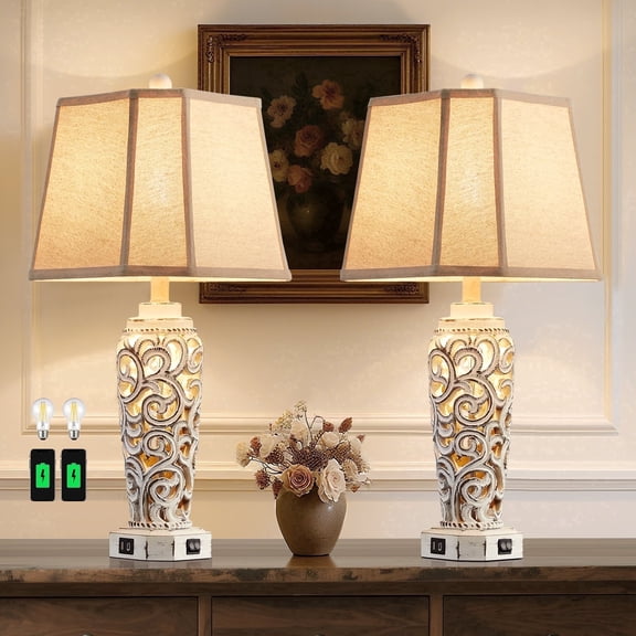 JUJUYUYOP 27" White Rustic Farmhouse Style Living Room Table Lamp Set of Two Dual USB Charging Ports Ideal for Nightstands (Bulbs Included)
