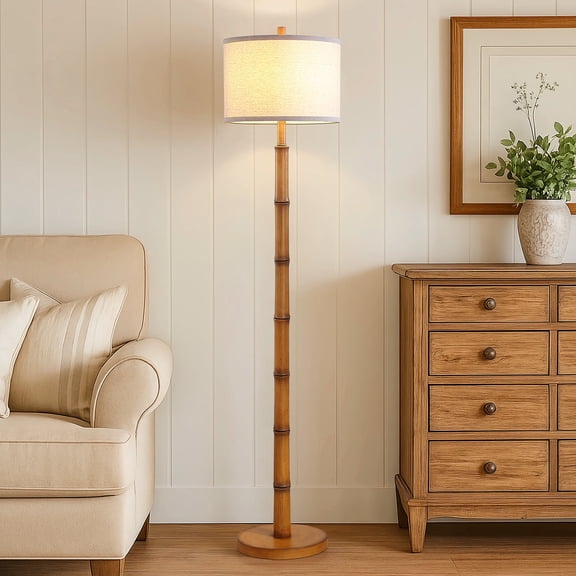 JUJUYUYOP 62" Farmhouse-style Floor Lamp  with a rotary switch and a linen shade, suitable for living rooms, bedrooms, and offices