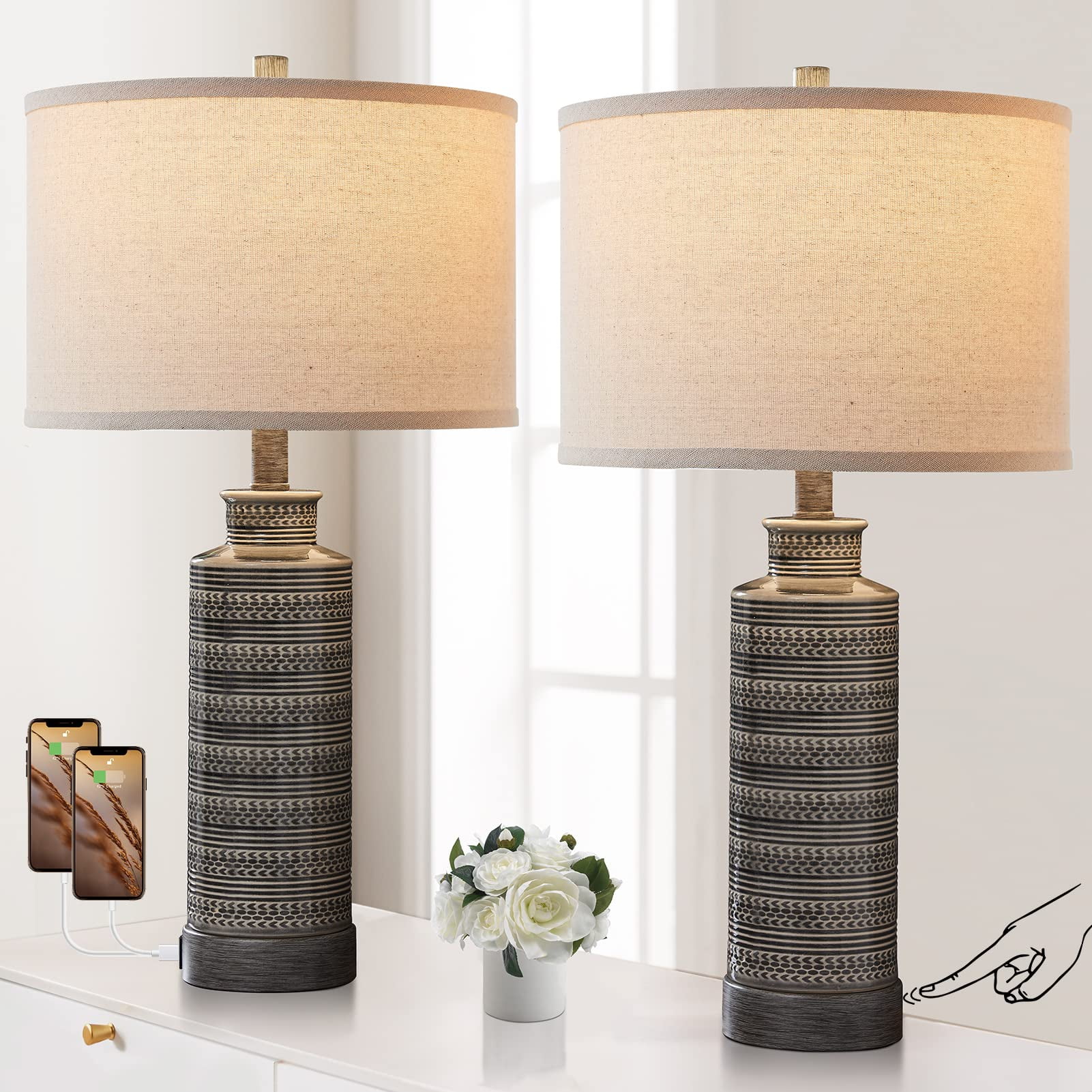 JUJUYUYOP Ceramic Table Lamp Set (2-Piece), 24" Three-Level Dimmable Bedside Lamp, Suitable for Bedrooms and Living Rooms