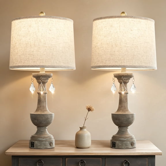 JUJUYUYOP Three-Level Dimmable Table Lamps Set of 2, with Usb Port, 25" Farmhouse-Style Touch Bedside Lamp, Suitable for Living Room, Bedroom, Nightstand(Bulb included)