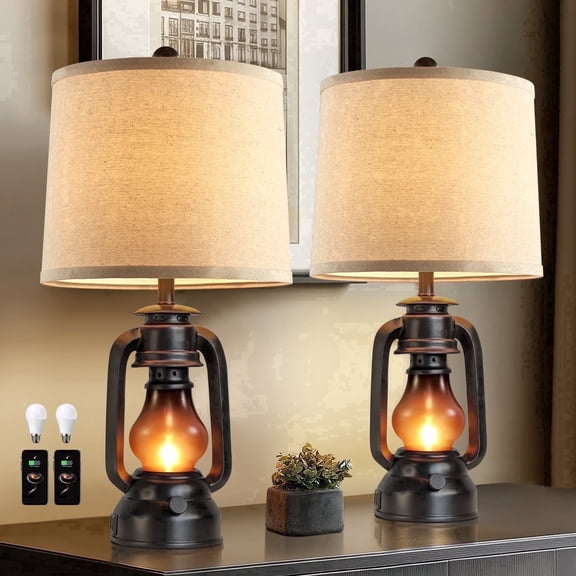 JUJUYUYOP 22" Farmhouse Lantern Table Lamp Set of Two with Dual USB Charging Ports, Suitable for Living Room or Bedroom, Includes 4 Bulbs
