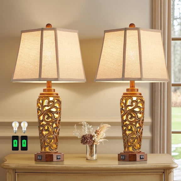 JUJUYUYOP 27" Living Room Farmhouse Table Lamps Set of 2 with Dual USB Ports Red-Brown Resin Vintage Bedside Table Lamp ,Suitable for entryways and offices (bulb included)