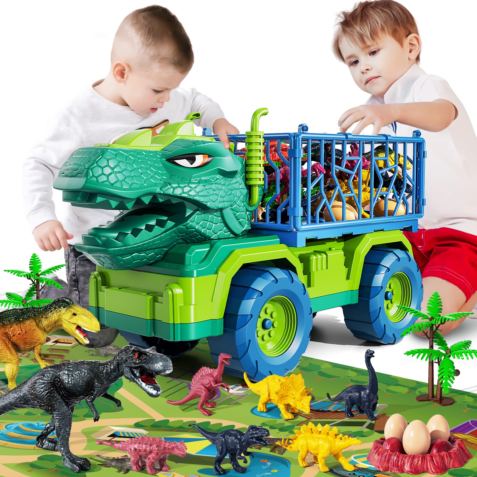 Camión Dinosaurio Transformable Con 12 Coches De Carreras Die-Cast – Juguete Portátil Para Niños De 2 A 6 Años