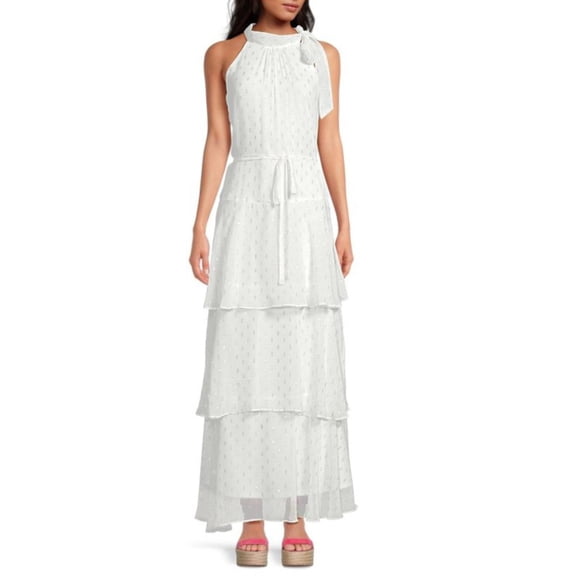 JULIA JORDAN Women's Tie Neck Sleeveless Tiered Maxi Dress (White, 12)