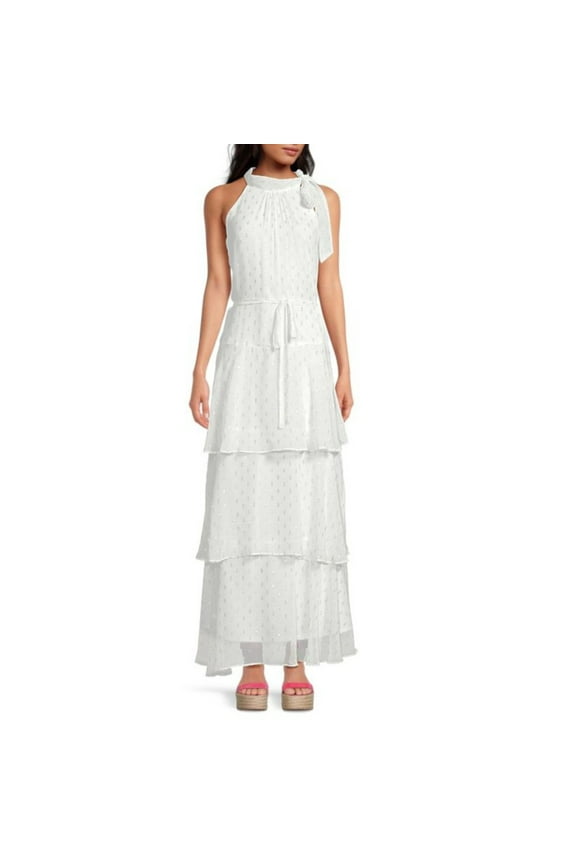 Women's Tie Neck Sleeveless Tiered Maxi Dress (White, 16)