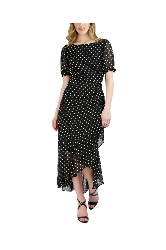 Womens Black Gathered Sheer Lined Polka Dot Pouf Sleeve Boat Neck Maxi Wear To Work Hi-Lo Dress 6