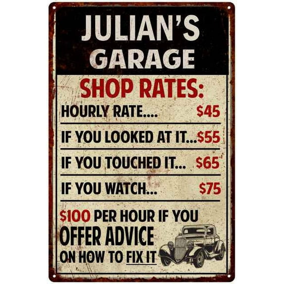 JULIAN'S Garage Shop Rates Sign Man Cave Decor 16 x 24 Matte Finish Metal 116240010279
