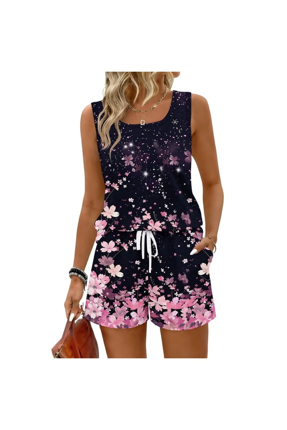 2 Piece Sets for Women Sleeveless Tank Top Polka Dot Cruise Casual Matching Short Sets Drawstring Beach Vacation Summer Clothes with Pockets Pink 2XL
