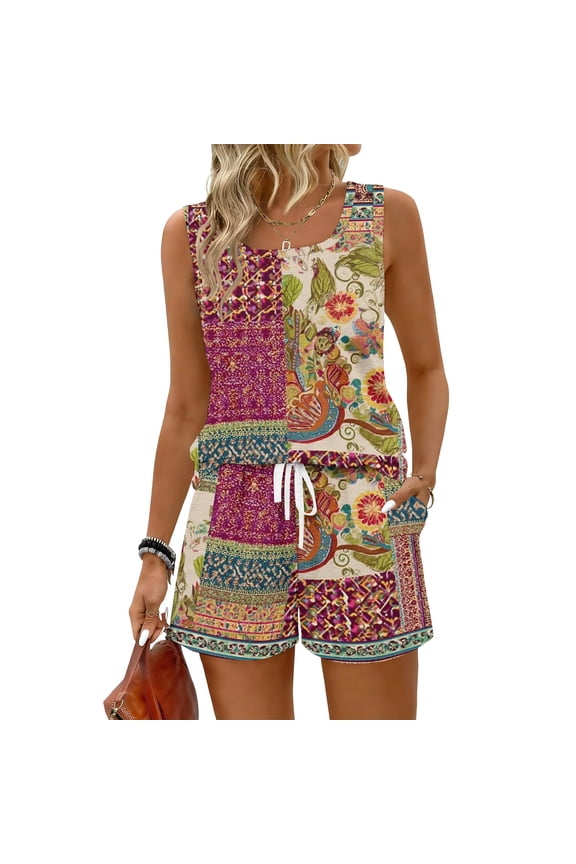 2 Piece Sets for Women Square Neck Floral Print Beach Vacation Lounge Outfits Drawstring 2026 Cruise Summer Clothes with Pockets Multicolor M