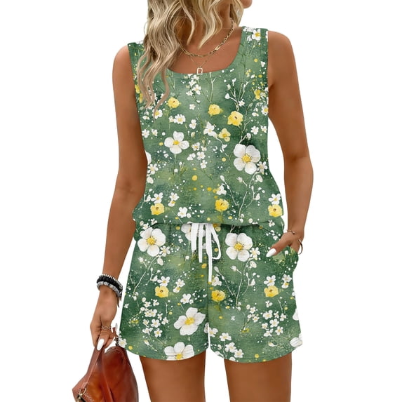 JULMCOMO 2 Piece Sets for Women Floral Print Square Neck Lightweight Summer Short Sets Drawstring Waisted Baggy Outfits with Pockets Green 2XL