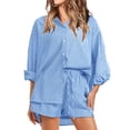 thumbnail image 1 of JULMCOMO 2 Piece Sets for Women Striped Button Down Long Sleeve Shirts Drawstring Wide Leg Summer Shorts Cruise Lounge Outfits Dark Blue XL, 1 of 6
