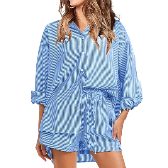 JULMCOMO 2 Piece Sets for Women Striped Button Down Long Sleeve Shirts Drawstring Wide Leg Summer Shorts Cruise Lounge Outfits Dark Blue XL