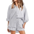 thumbnail image 1 of JULMCOMO 2 Piece Sets for Women Striped Button Down Long Sleeve Shirts Drawstring Wide Leg Summer Shorts Cruise Lounge Outfits Gray S, 1 of 6