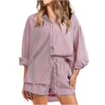 thumbnail image 1 of JULMCOMO 2 Piece Sets for Women Striped Button Down Long Sleeve Shirts Drawstring Wide Leg Summer Shorts Cruise Lounge Outfits Red S, 1 of 7
