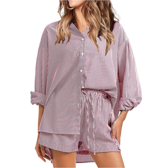JULMCOMO 2 Piece Sets for Women Striped Button Down Long Sleeve Shirts Drawstring Wide Leg Summer Shorts Cruise Lounge Outfits Red S
