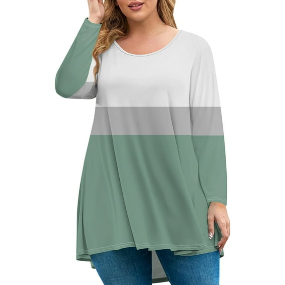 JULMCOMO 2024 Plus Size Shirts for Women Clearance Long Sleeve Crew Neck Shirts Western Stripe Print Tunics Loose Oversized Tunic Blouse Mint Green 5XL