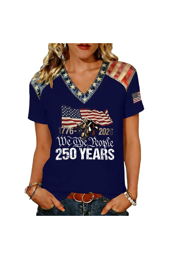 4th of July Shirts Women Red White Blue V Neck Independence Day Tops 1776 Short Sleeve American Flag T Shirts Blue 2XL