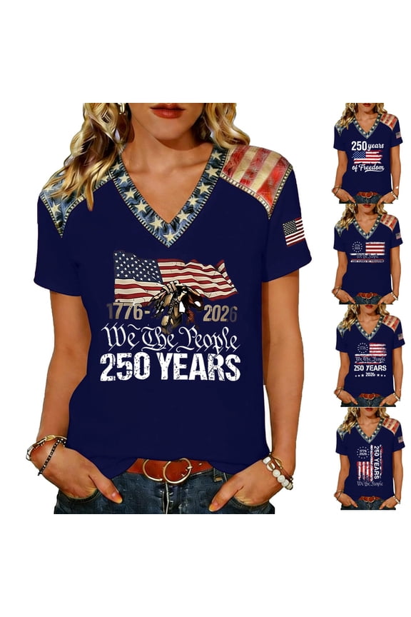 4th of July Shirts Women Red White Blue V Neck Independence Day Tops 1776 Short Sleeve American Flag T Shirts Blue XL