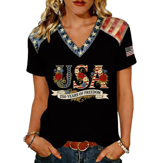 JULMCOMO 4th of July Shirts Women Red White Blue V Neck 250th Anniversary Tops Patriotic Short Sleeve American Flag T Shirts Black XL
