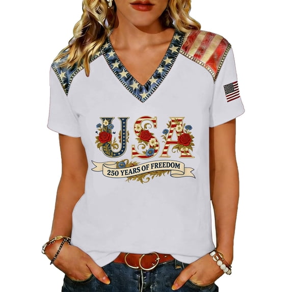 JULMCOMO 4th of July Shirts Women Red White Blue V Neck 250th Anniversary Tops Patriotic Short Sleeve American Flag T Shirts White 2XL