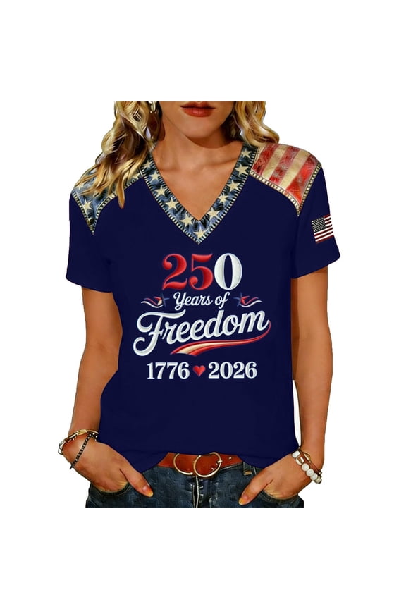 4th of July Shirts Women Red White Blue V Neck 250th Anniversary Tops Patriotic Short Sleeve Stars Stripes T Shirts Blue XL