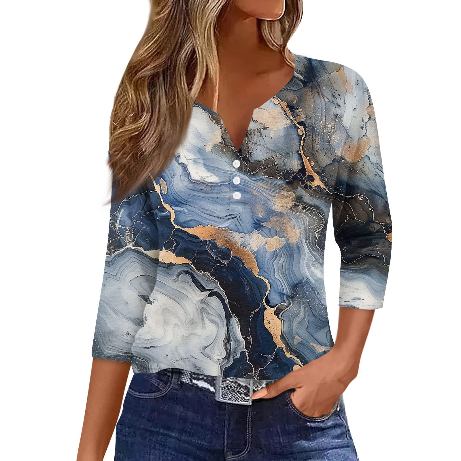 Women's 3/4 Sleeve Floral Print Henley Tunic Top - Button Down Blouse For Summer & Dressy Occasions