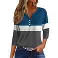 thumbnail image 1 of JULMCOMO 3/4 Sleeve T Shirts for Women Trendy Summer V Neck Button down T Shirts Summer Striped Color Block Print Elbow Sleeve Tees Basic Plus Size Henry Clothes Royal Blue S, 1 of 4