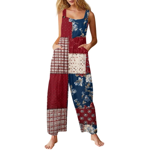 JULMCOMO 4th of July Jumpsuits for Women 1776 Plus Size Wide Leg Independence Day Rompers Stars Stripes Sleeveless American Flag Jumpsuits with Pockets Multicolor 3XL