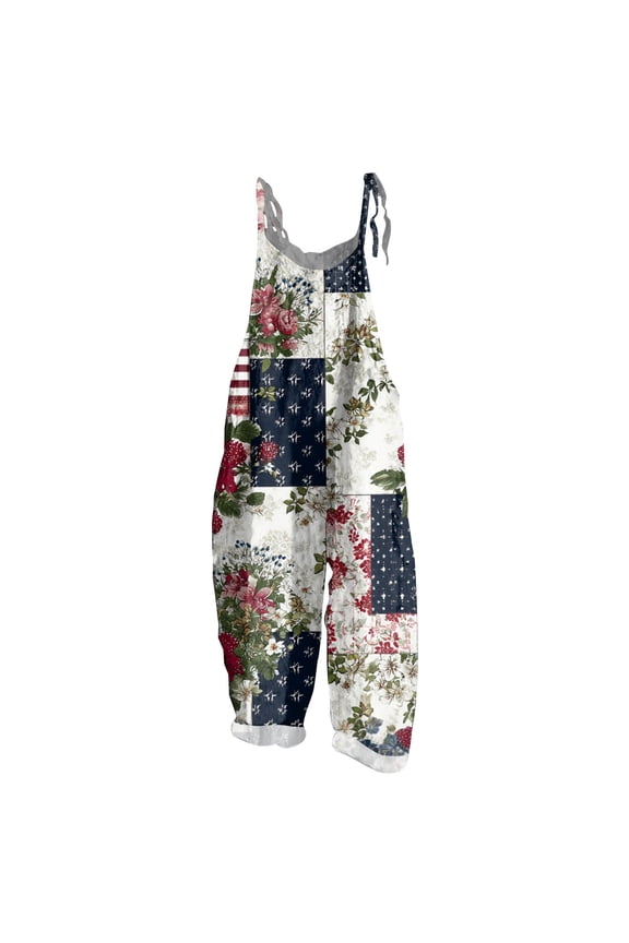 4th of July Jumpsuits for Women 250th Year Cotton Linen Spaghetti Straps Plus Size Red White Blue Overalls Stars Stripes Wide Leg Sleeveless Patriotic Rompers with Pockets White L
