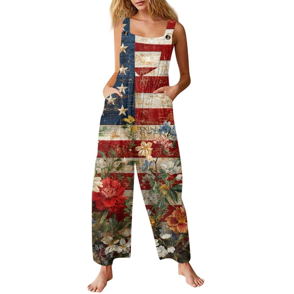 JULMCOMO 4th of July Jumpsuits for Women Independence Day Cotton Linen Patriotic Long Pants American Flag Sleeveless Wide Leg 1776 Overalls with Pockets Khaki XL
